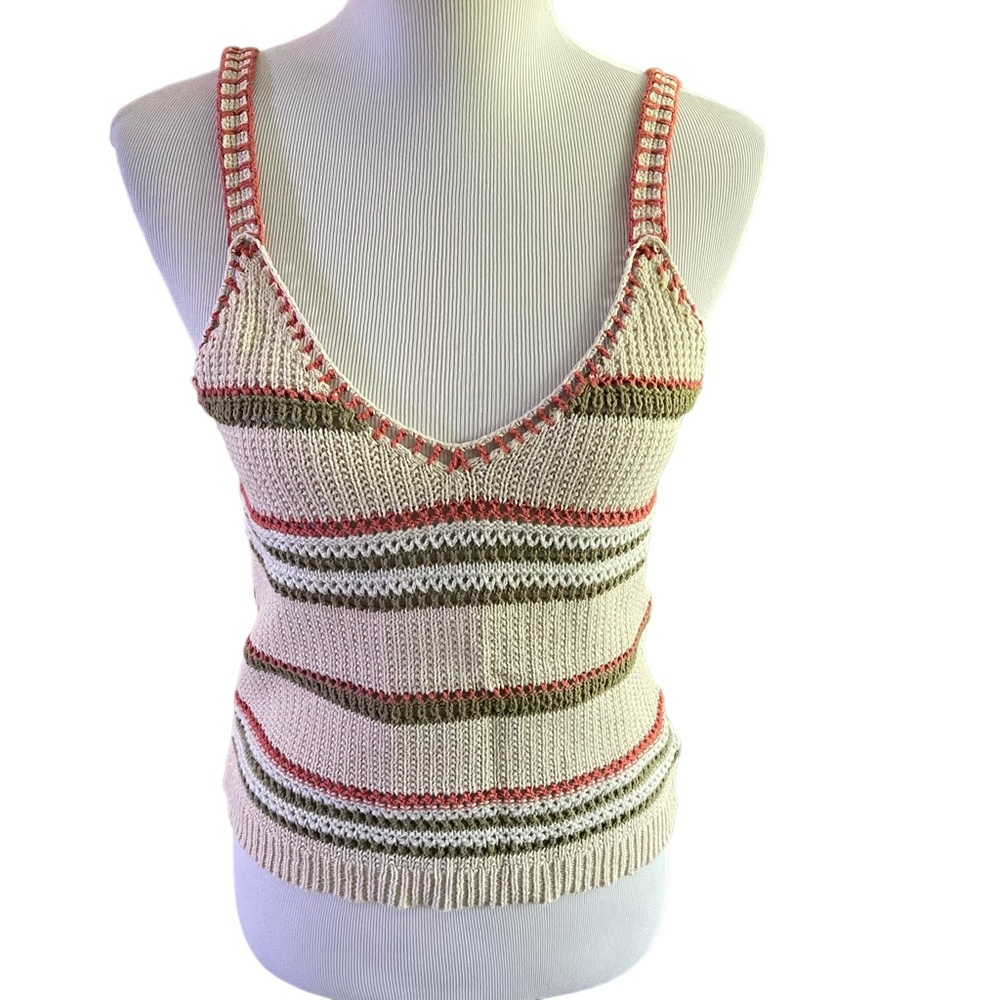 Item & Thread crochet boho stripe sweater tank white, beige, green & rust/rose L
